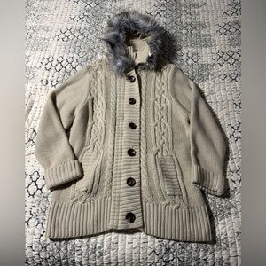 Michelle Nicole XL Beige Chunky Knit Full Zip Button Faux Fur Hooded Cardigan